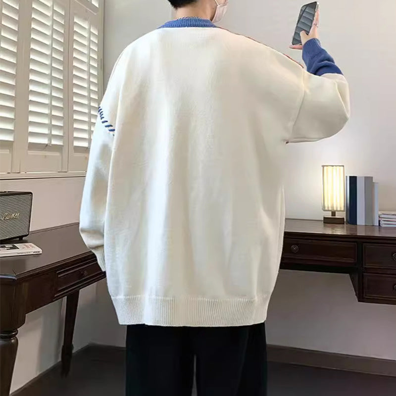 Pullover Sweater Winter Fashion Long Sleeve Knitted Top Men's Clothing Color Block