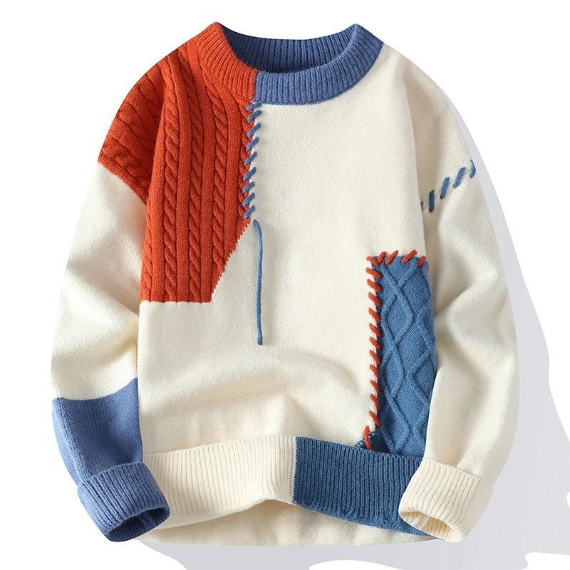 Pullover Sweater Winter Fashion Long Sleeve Knitted Top Men's Clothing Color Block