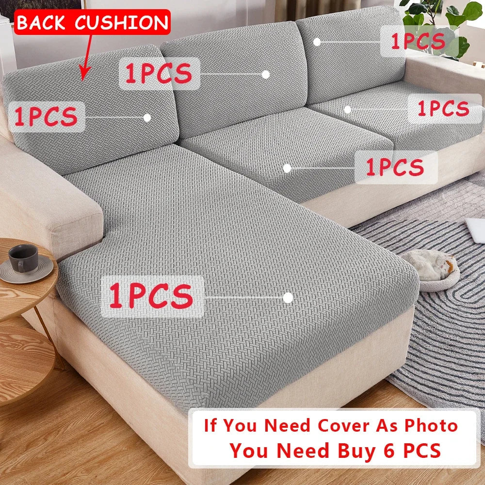 Gray textured pet-friendly sofa covers fitted on an L-shaped couch, with red labels indicating 