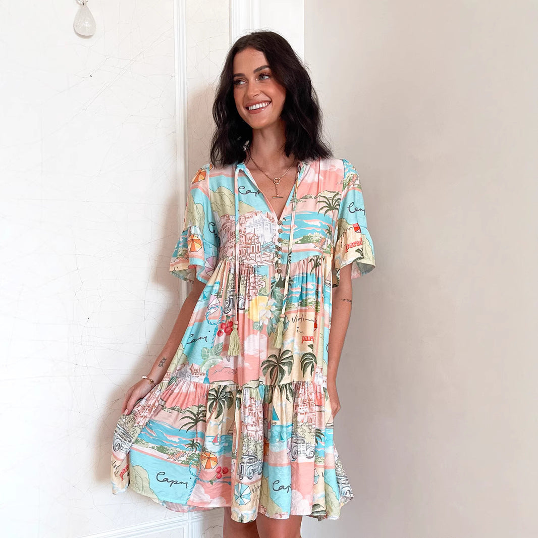 Bohemian Style Fashion Short Sleeve Floral Dress