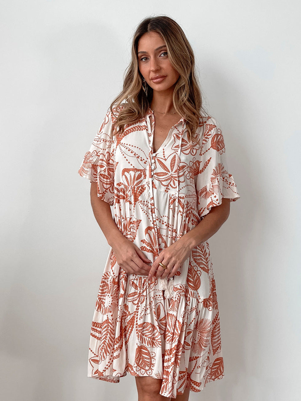 Bohemian Style Fashion Short Sleeve Floral Dress