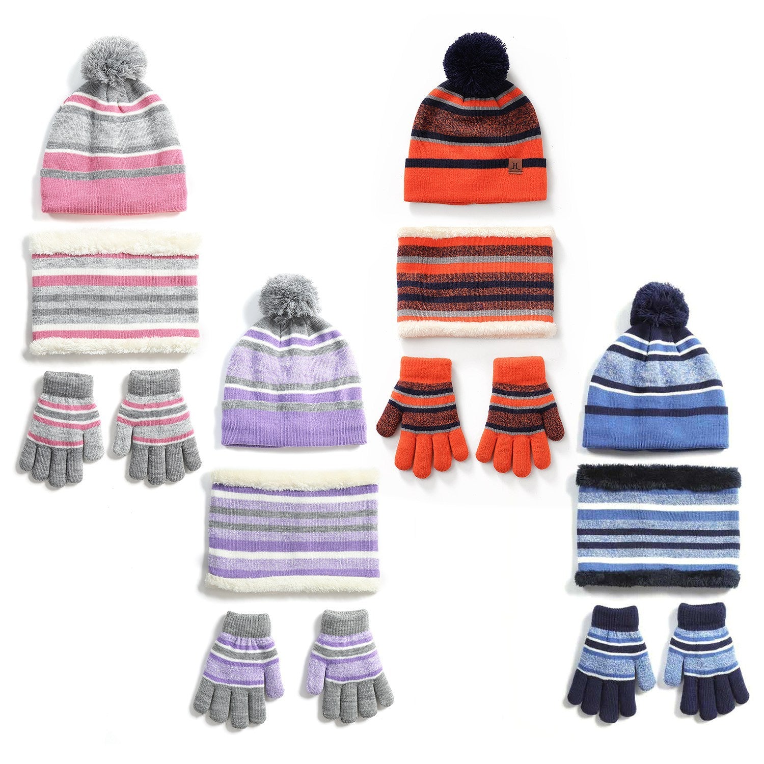 1Set Winter Kids Knitted Hat Scarf Gloves