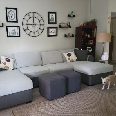 Gray pet-friendly sofa covers on an L-shaped sectional couch in a cozy living room with wall art, clock, shelves, books, and a lamp; two gray ottomans in front, a beige rug, and a small light-colored dog walking nearby on wooden floors.