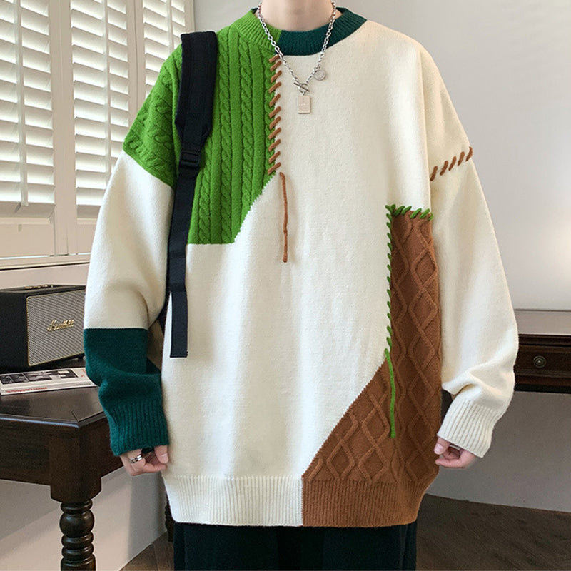 Pullover Sweater Winter Fashion Long Sleeve Knitted Top Men's Clothing Color Block