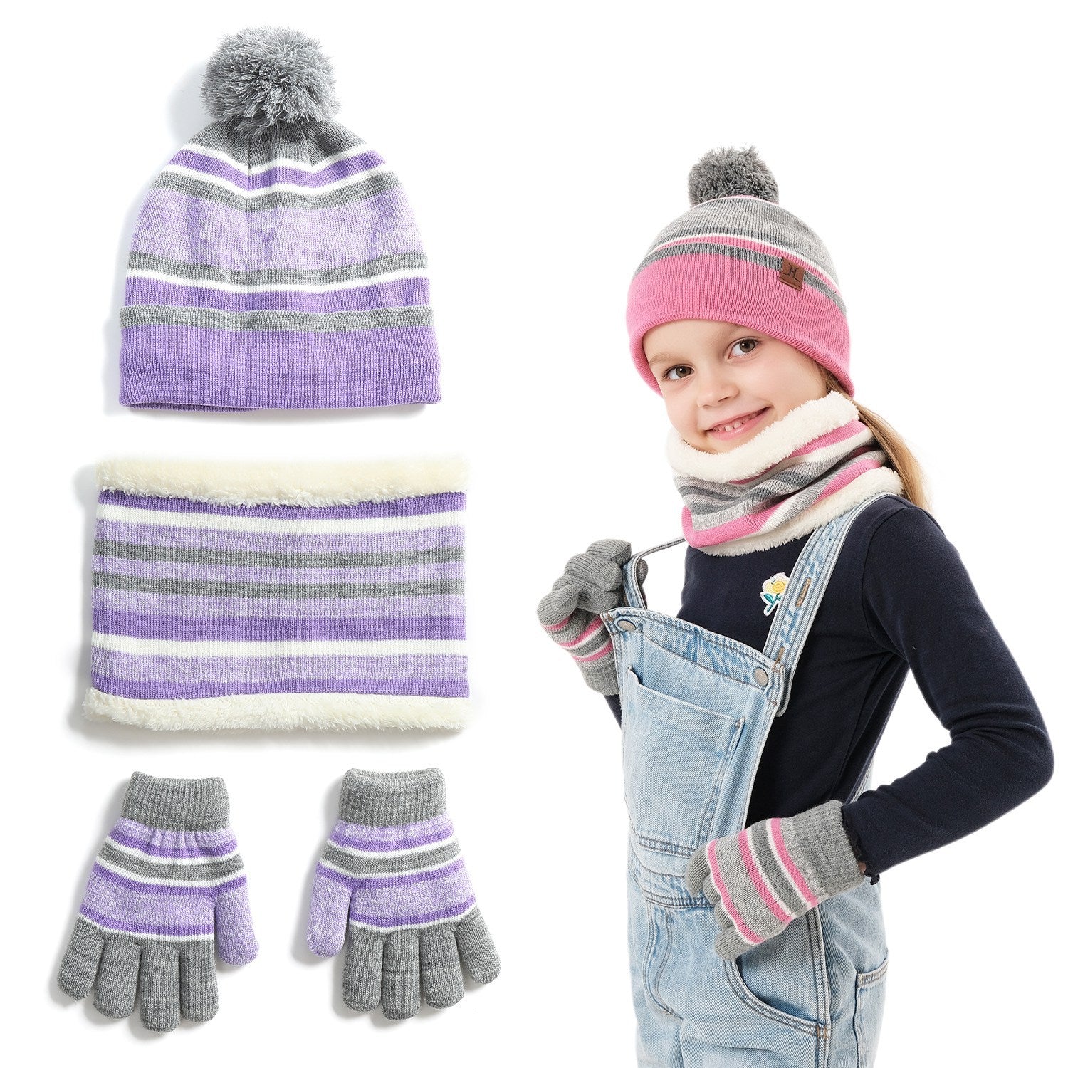 1Set Winter Kids Knitted Hat Scarf Gloves