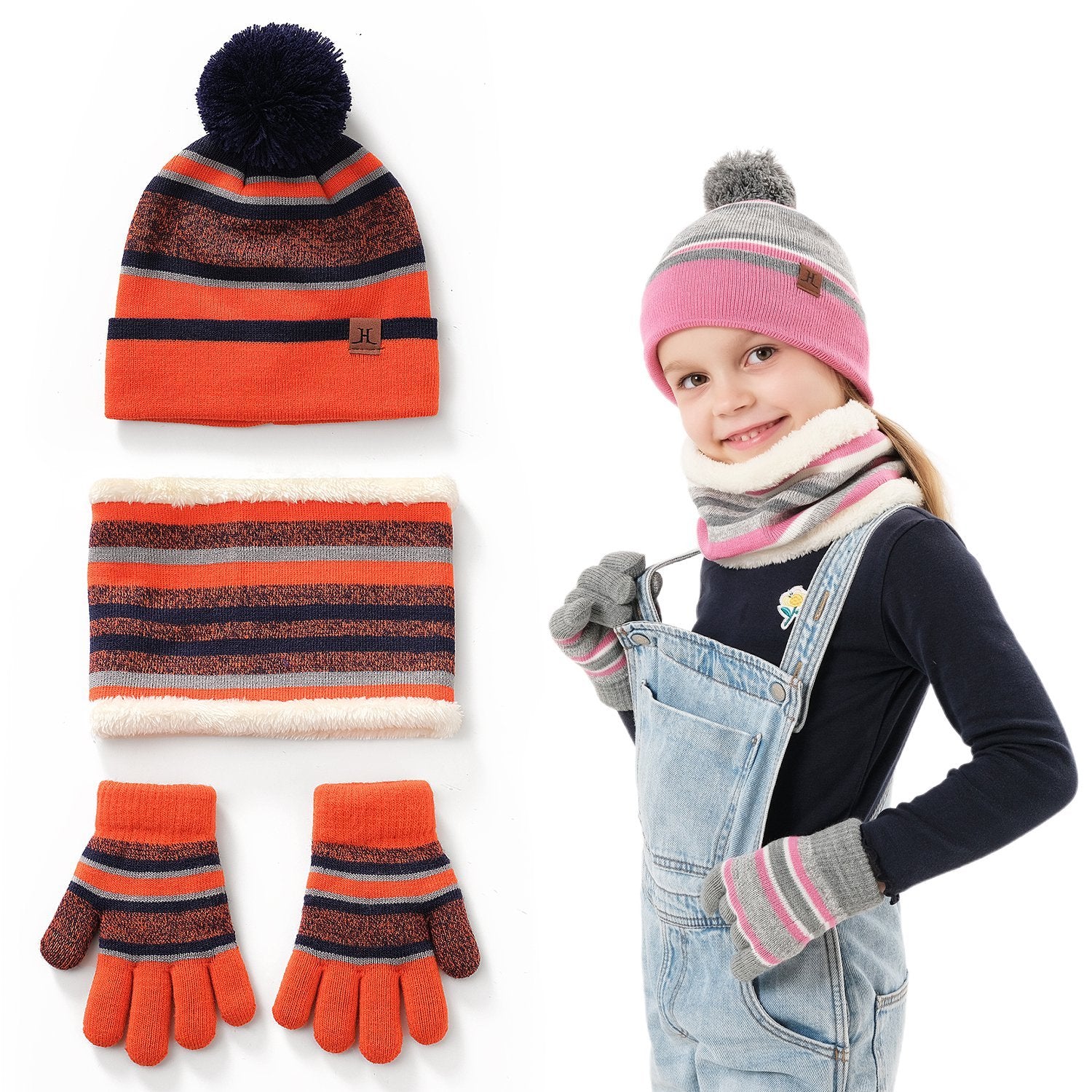 1Set Winter Kids Knitted Hat Scarf Gloves