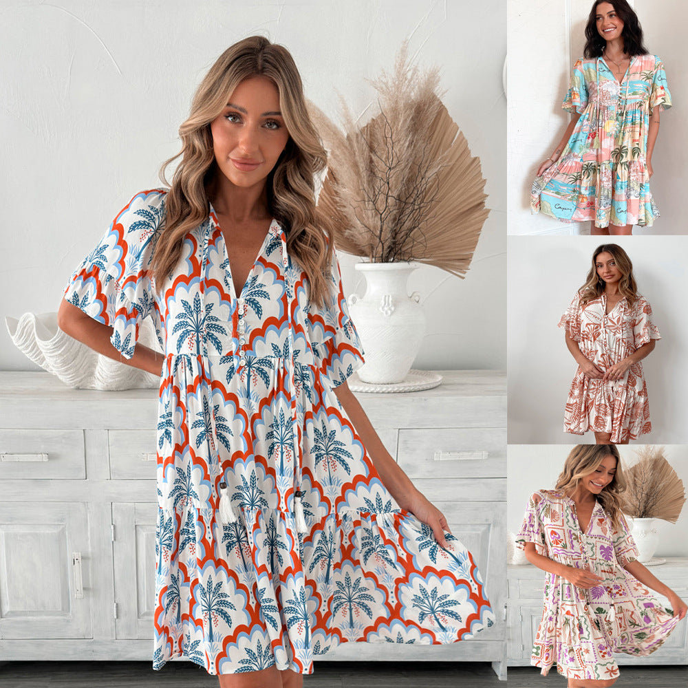 Bohemian Style Fashion Short Sleeve Floral Dress