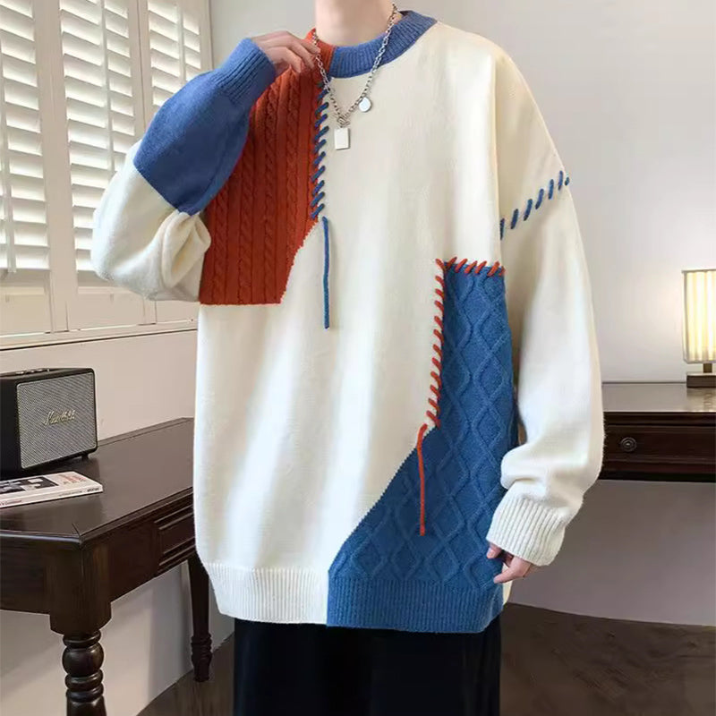 Pullover Sweater Winter Fashion Long Sleeve Knitted Top Men's Clothing Color Block