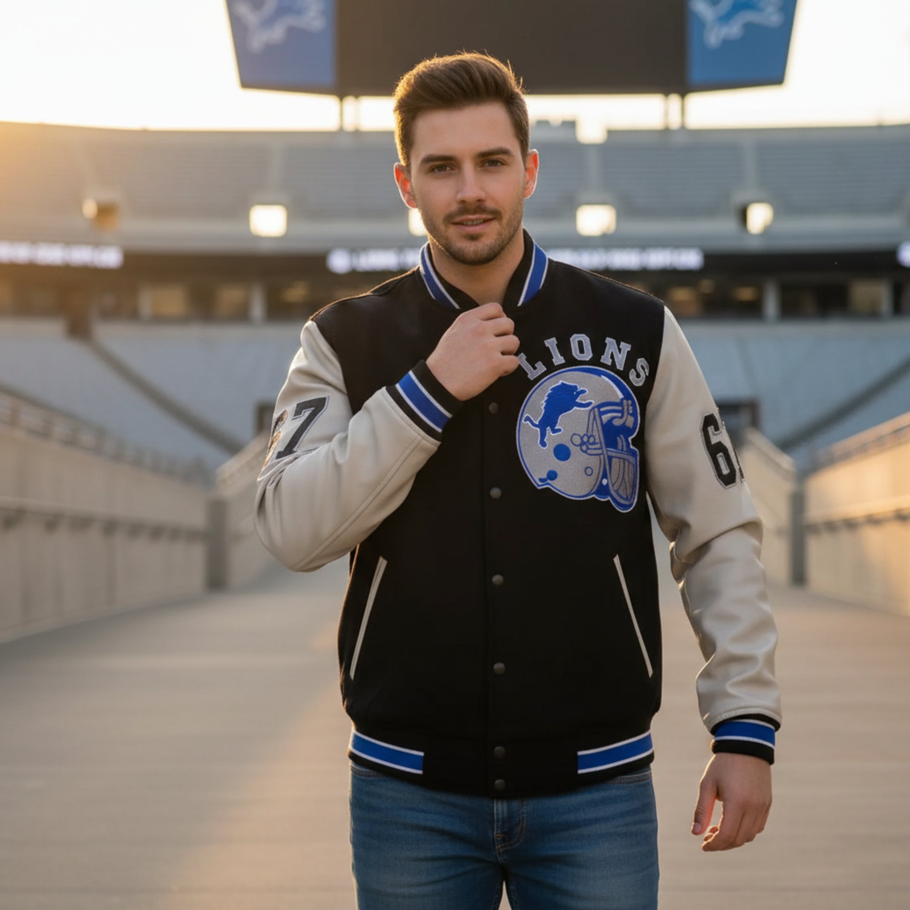 Mans blue Detroit Lions letterman jacket in an outdoor stadium setting