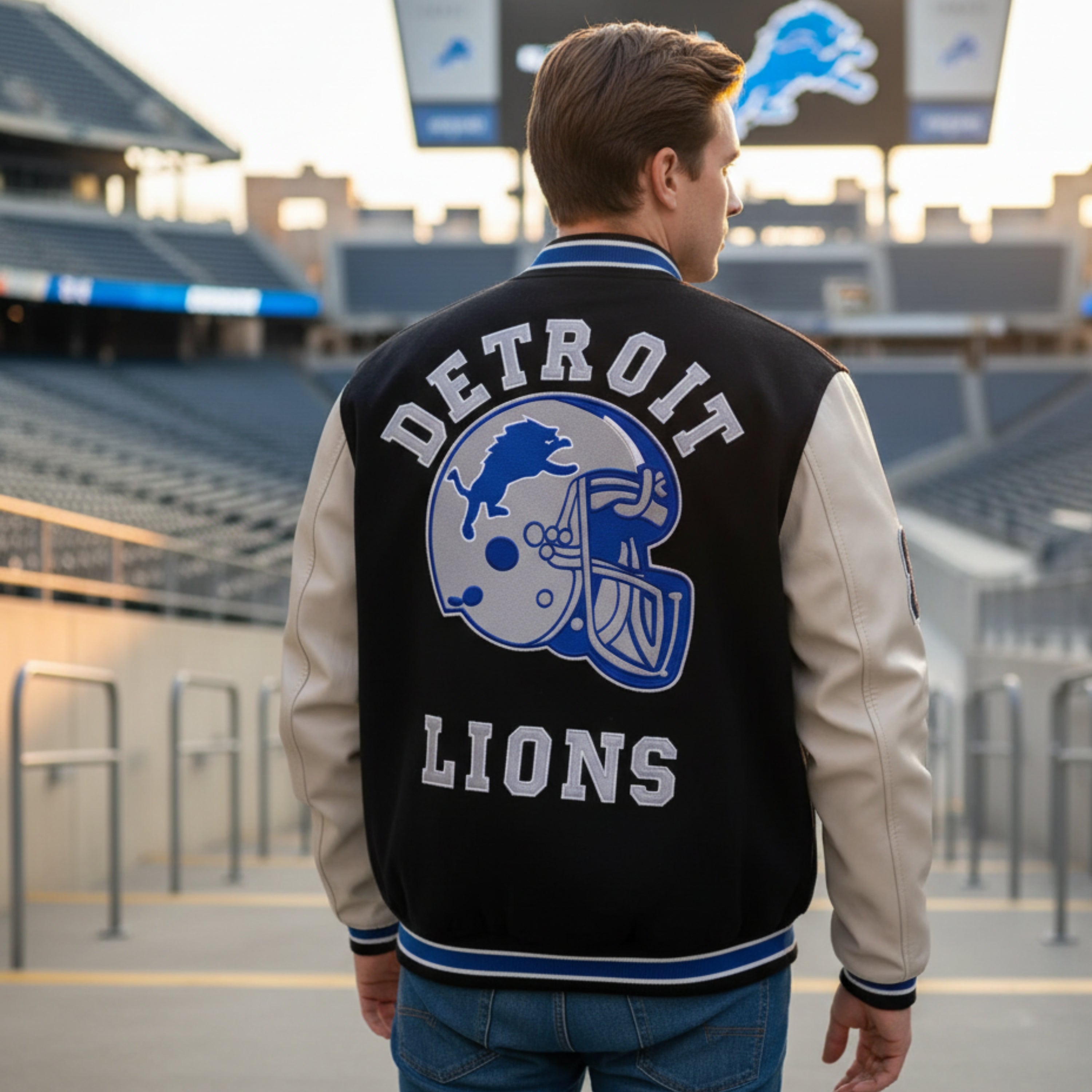 Person wearing a Detroit Lions letterman jacket at a stadium.