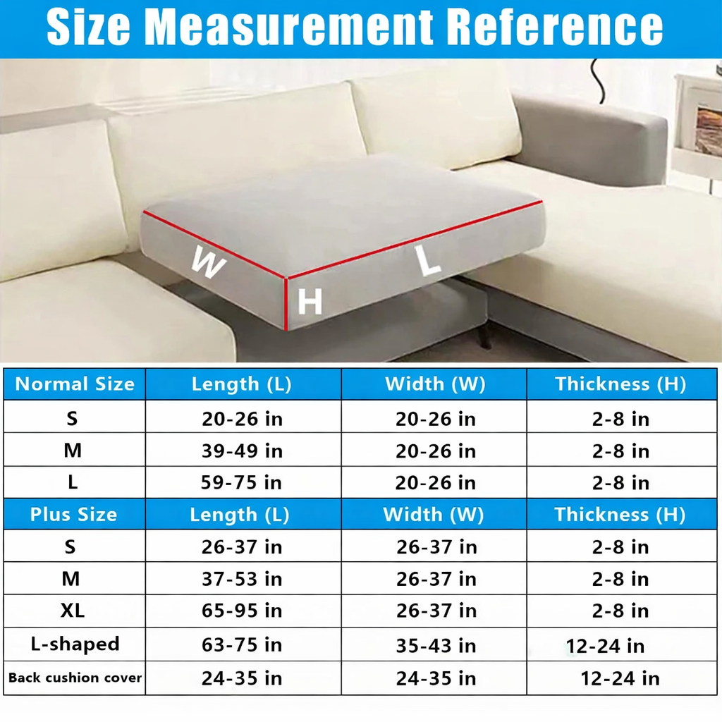 Size measurement reference infographic for pet-friendly sofa covers, featuring a diagram of an L-shaped sofa cushion labeled with red lines for Length (L), Width (W), and Thickness (H). Below the image are dimension tables: Normal Size (S: 20-26 in L and W, 2-8 in H; M: 39-49 in L, 20-26 in W, 2-8 in H; L: 59-75 in L, 20-26 in W, 2-8 in H); Plus Size (S: 26-37 in L and W, 2-8 in H; M: 37-53 in L, 26-37 in W, 2-8 in H; XL: 65-95 in L, 26-37 in W, 2-8 in H); L-shaped (63-75 in L, 35-43 in W, 12-24 in H); and Back cushion cover (24-35 in L and W, 12-24 in H).