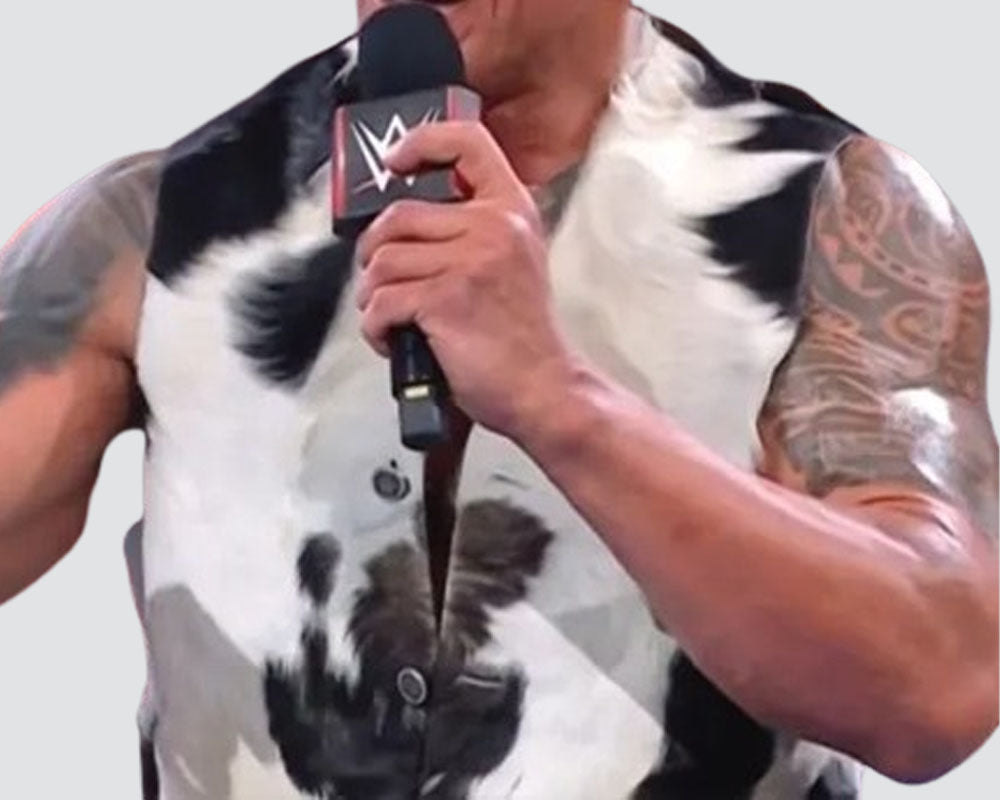 Person holding a microphone with WWE logo against a white background