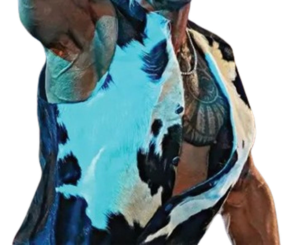 Person wearing a sleeveless top with a blue and black abstract pattern.