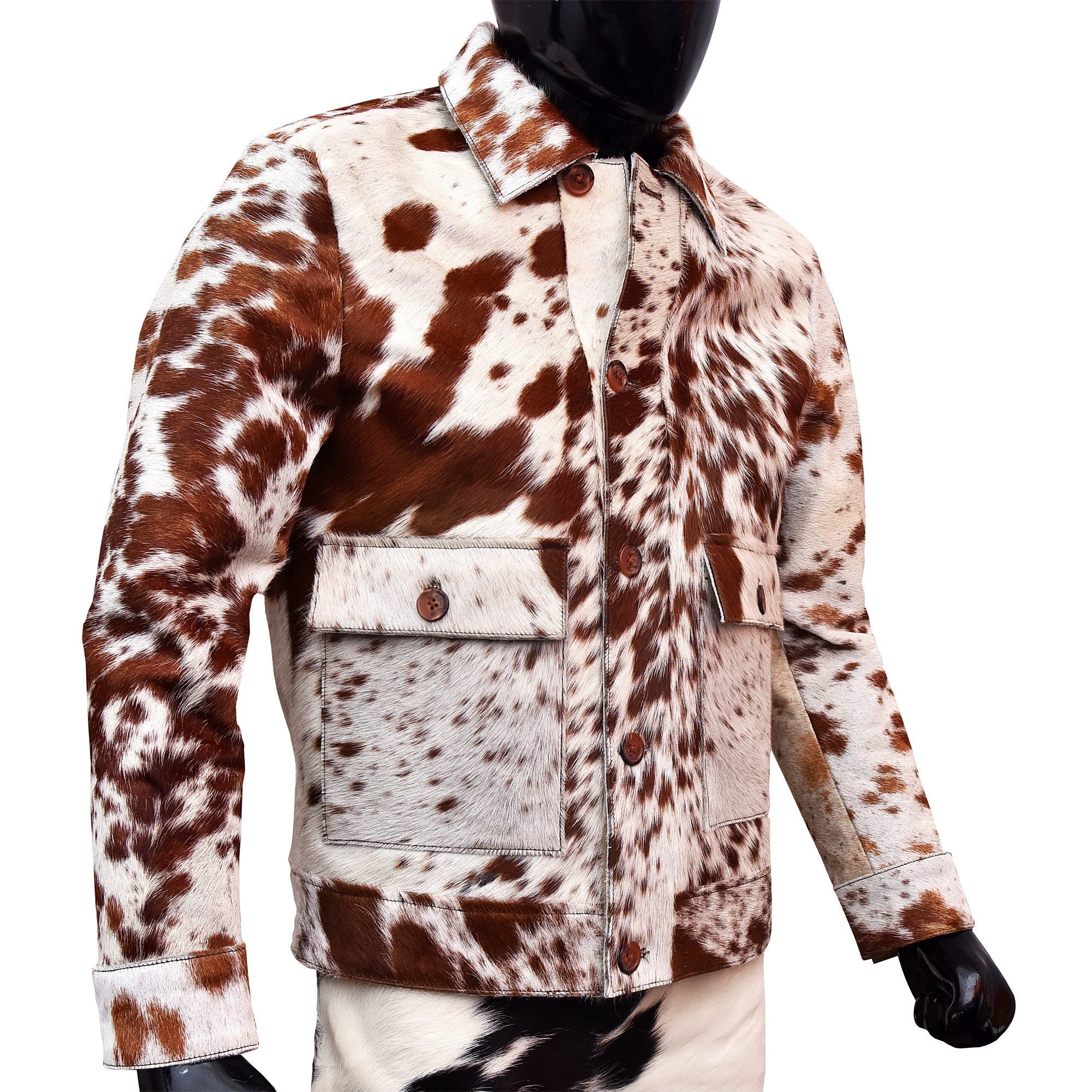 Cow print jacket on a white background