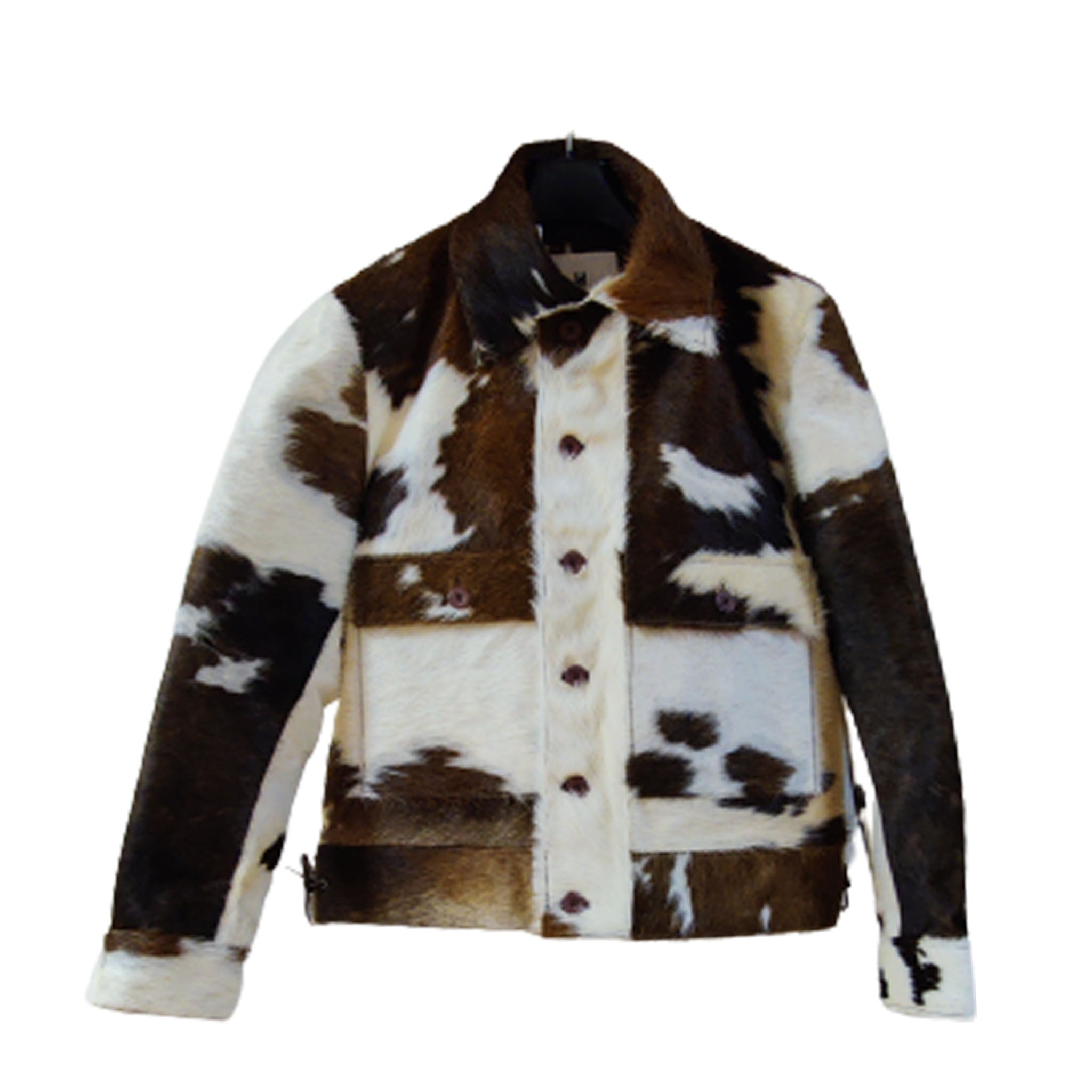 Brown and white cowhide pattern jacket on a white background