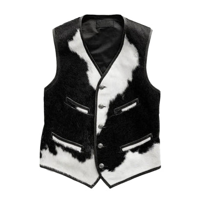 Black and white cowhide vest on a white background