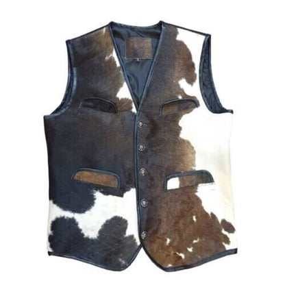 Cowhide leather vest with button details on a white background