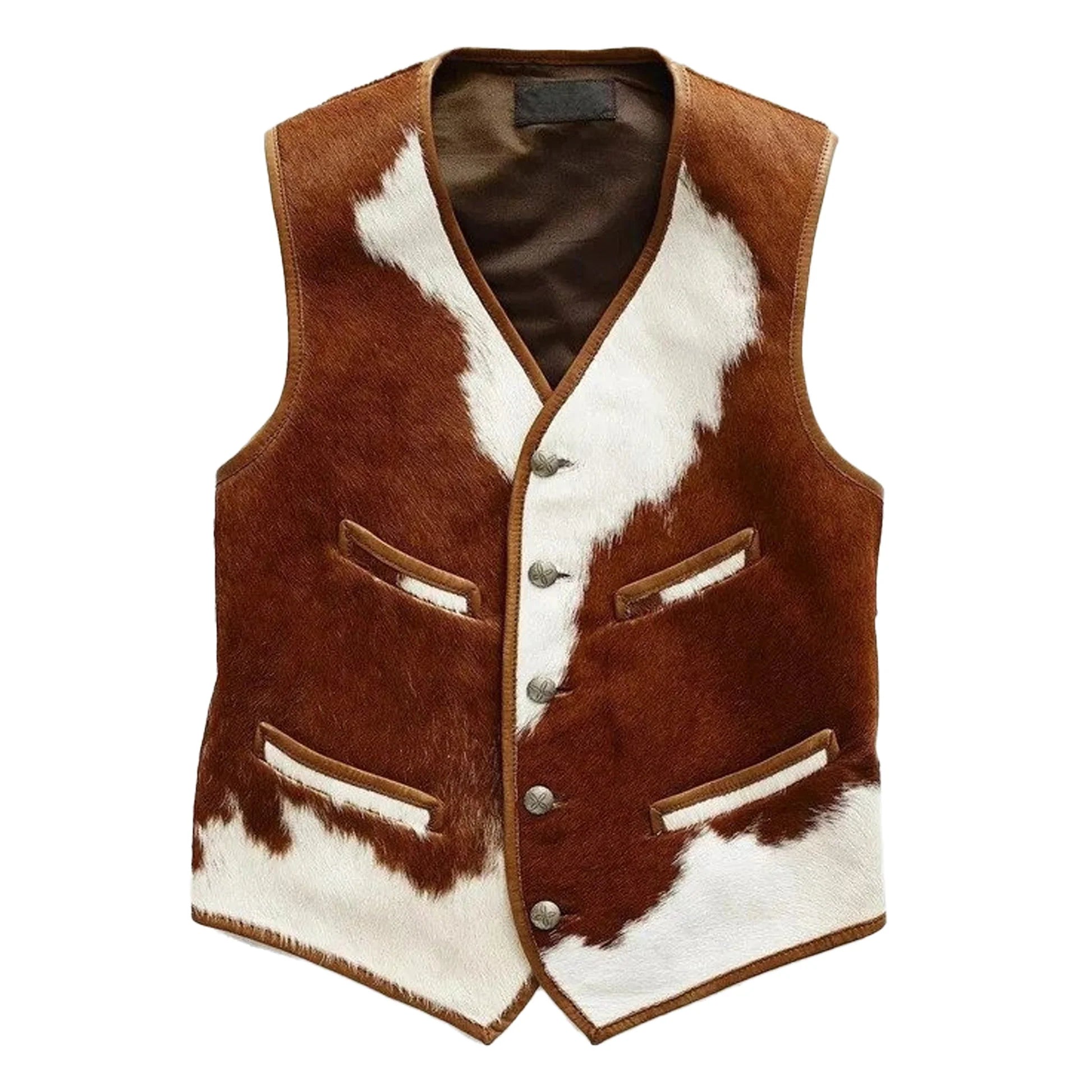 Men's Genuine Hair-On Cowhide Leather Vest - Brown & White Western Patchwork Design