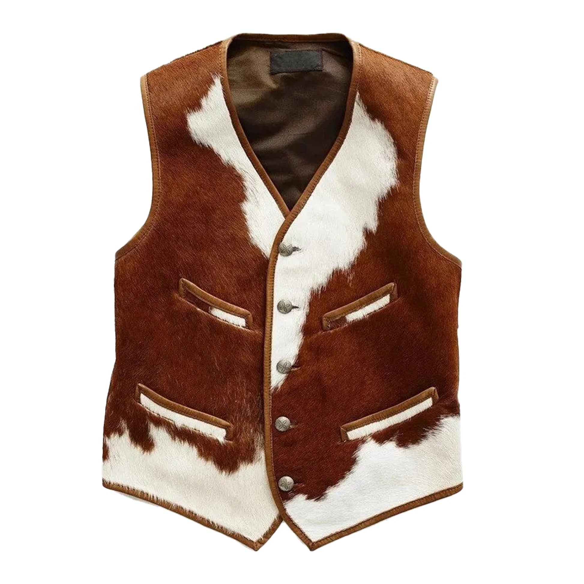 Men's Genuine Hair-On Cowhide Leather Vest - Brown & White Western Patchwork Design