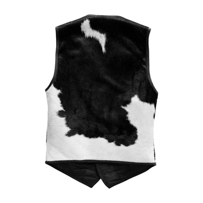 Black and white cowhide patterned vest on a white background