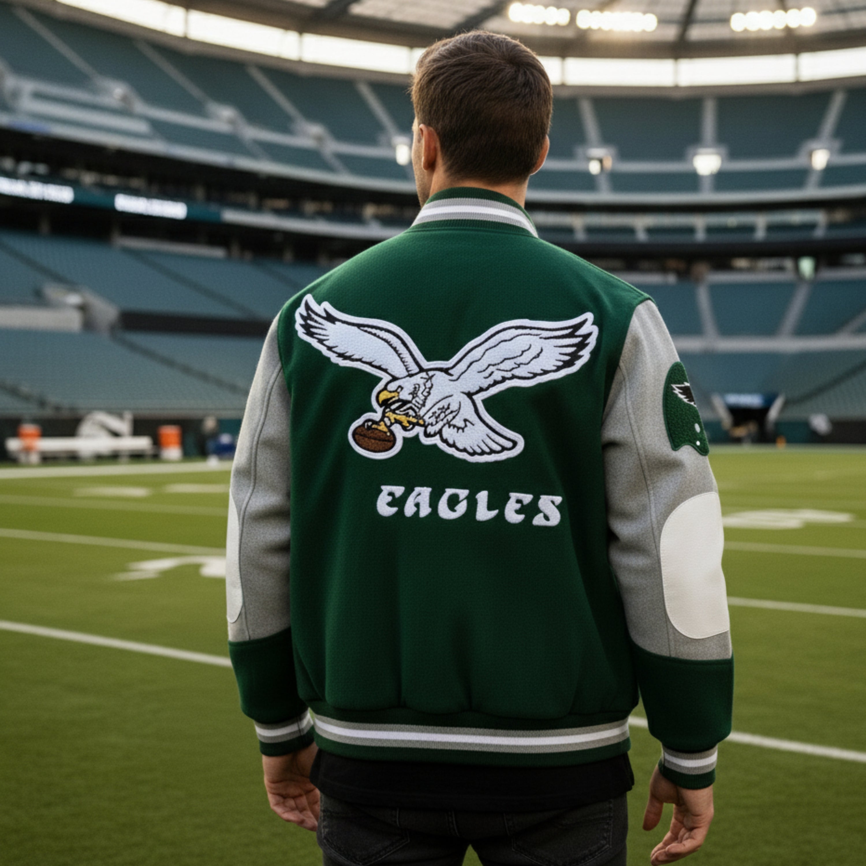 Person wearing a green and gray 'Eagles' jacket on a football field