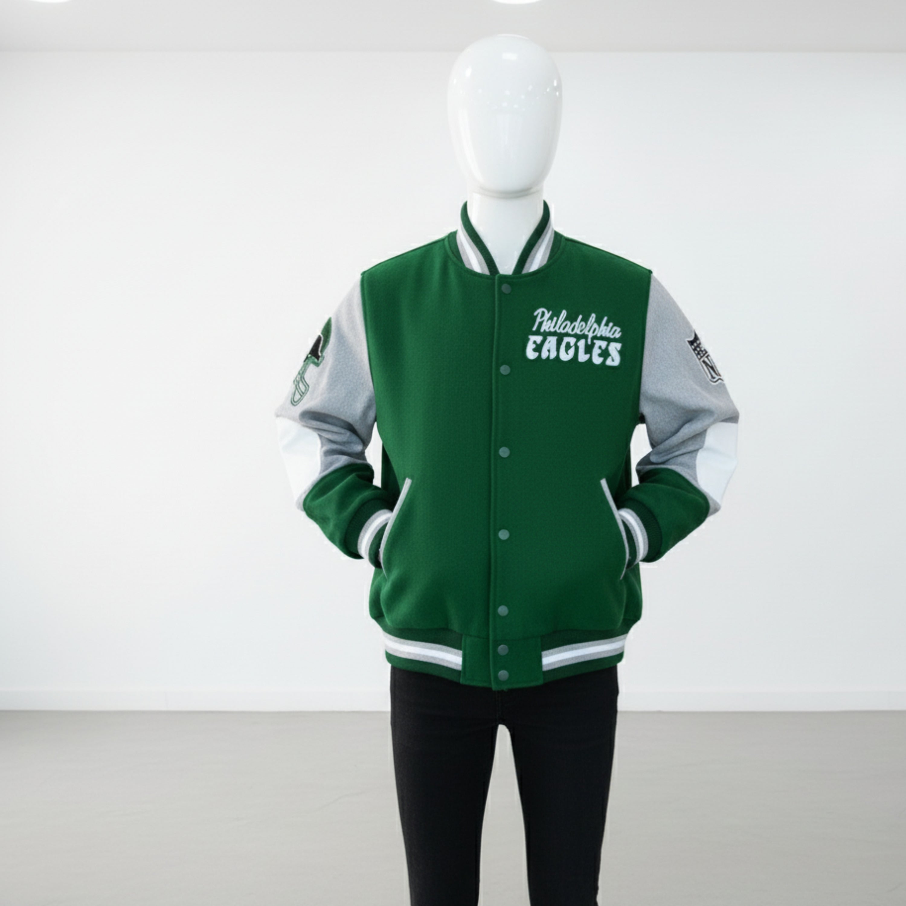 Green and gray letterman jacket with Philadelphia Eagles