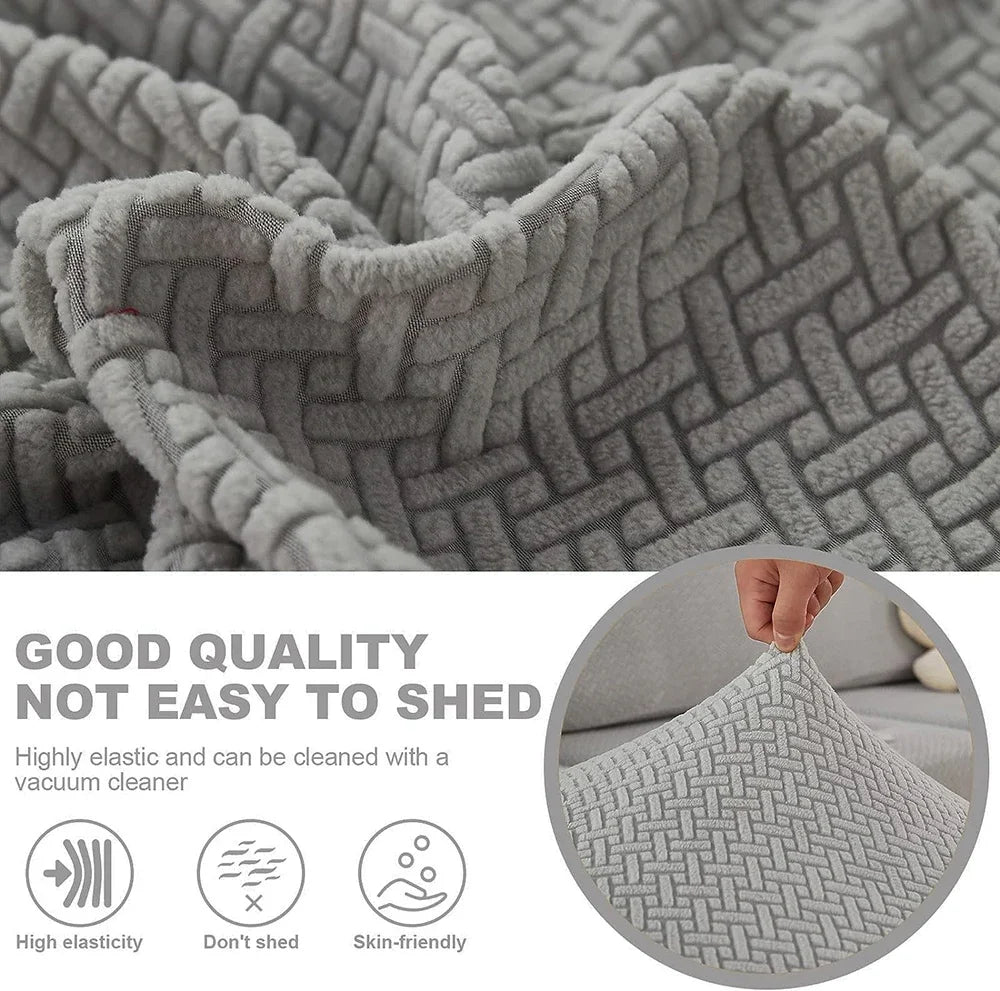 Gray textured blanket with text highlighting its qualities on a white background
