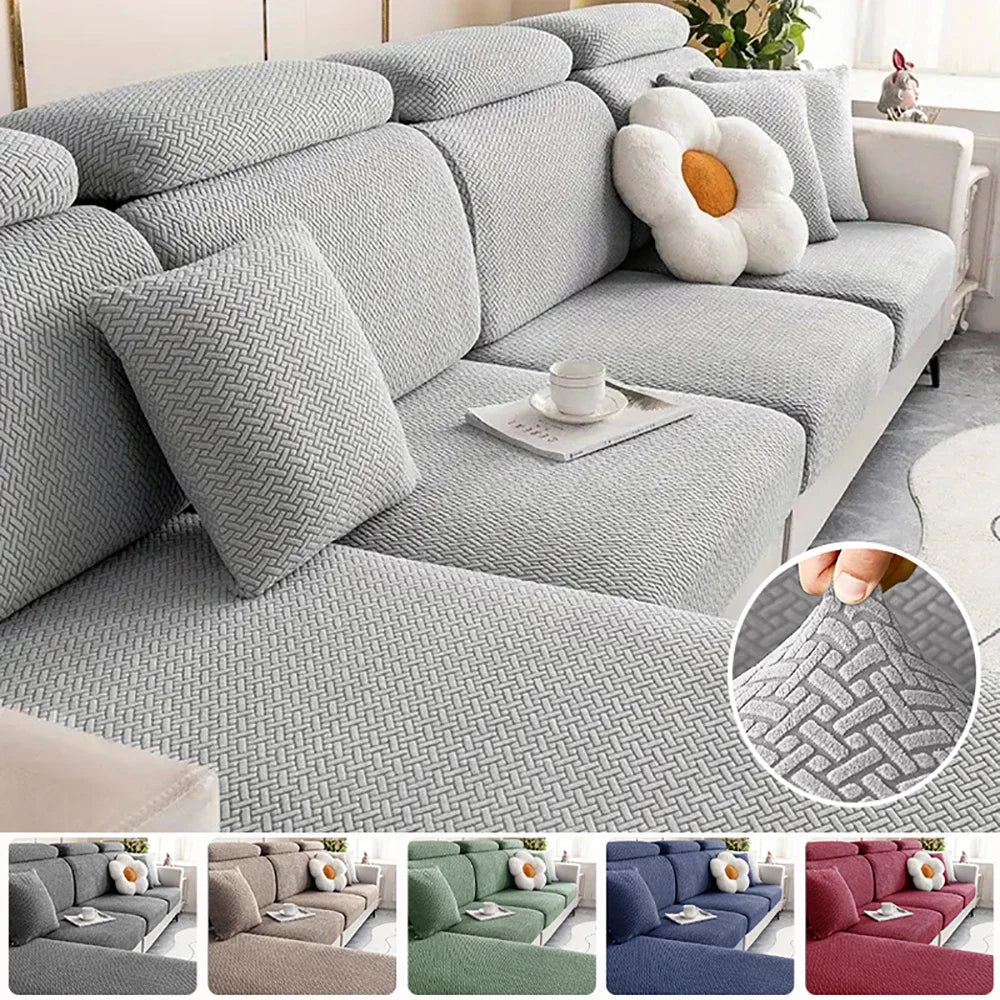 Gray sectional sofa with textured surface and close-up detail, surrounded by other color options.