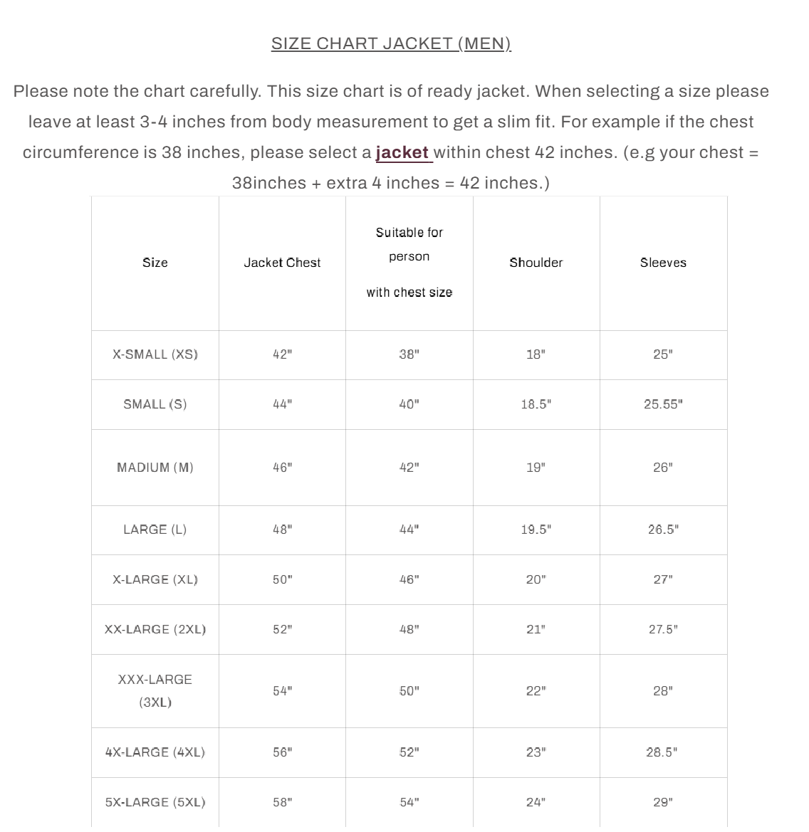 Size chart for men's jackets with measurements in inches.