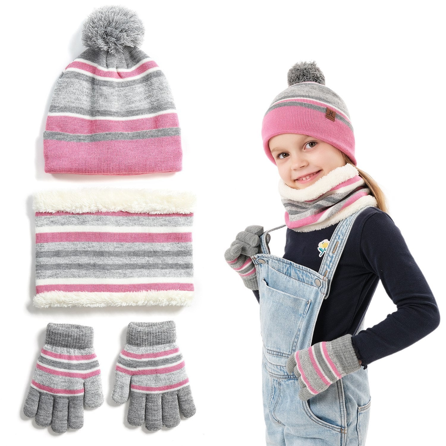 1Set Winter Kids Knitted Hat Scarf Gloves