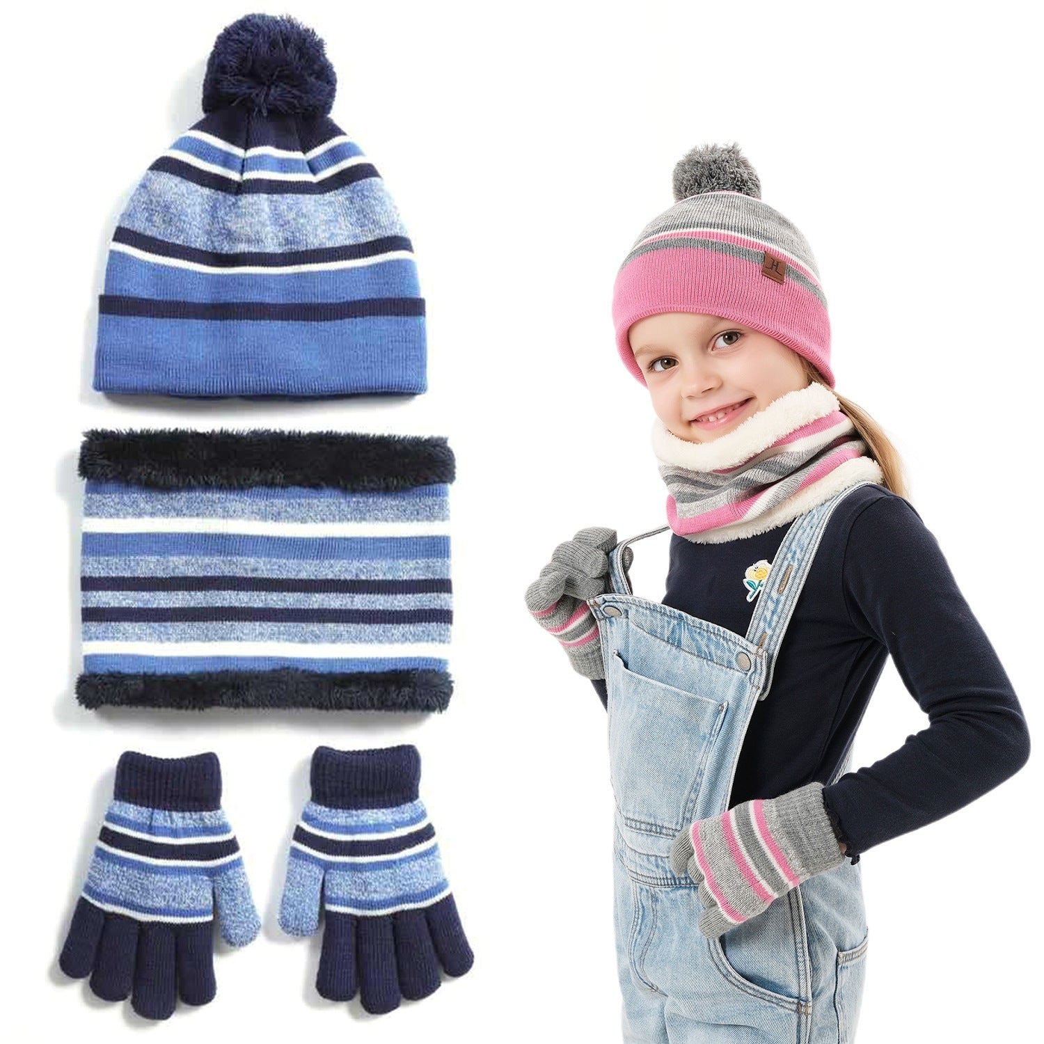1Set Winter Kids Knitted Hat Scarf Gloves