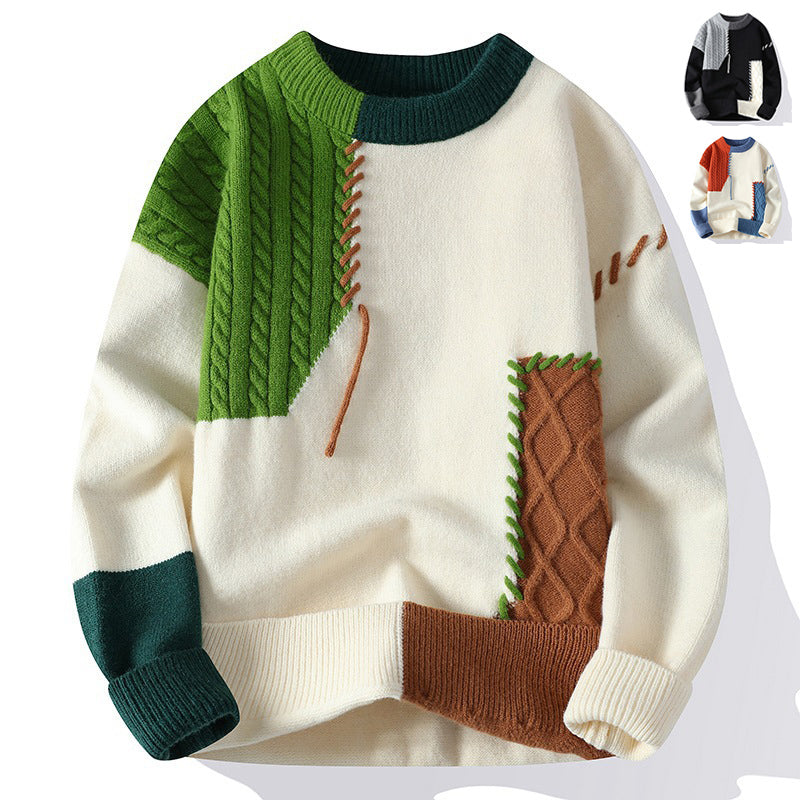 Pullover Sweater Winter Fashion Long Sleeve Knitted Top Men's Clothing Color Block
