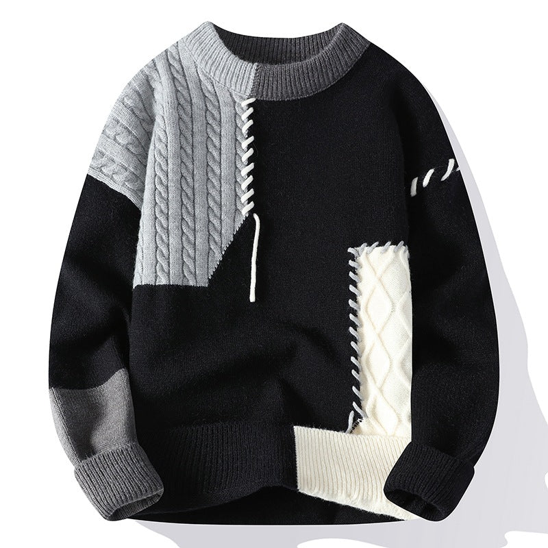 Pullover Sweater Winter Fashion Long Sleeve Knitted Top Men's Clothing Color Block
