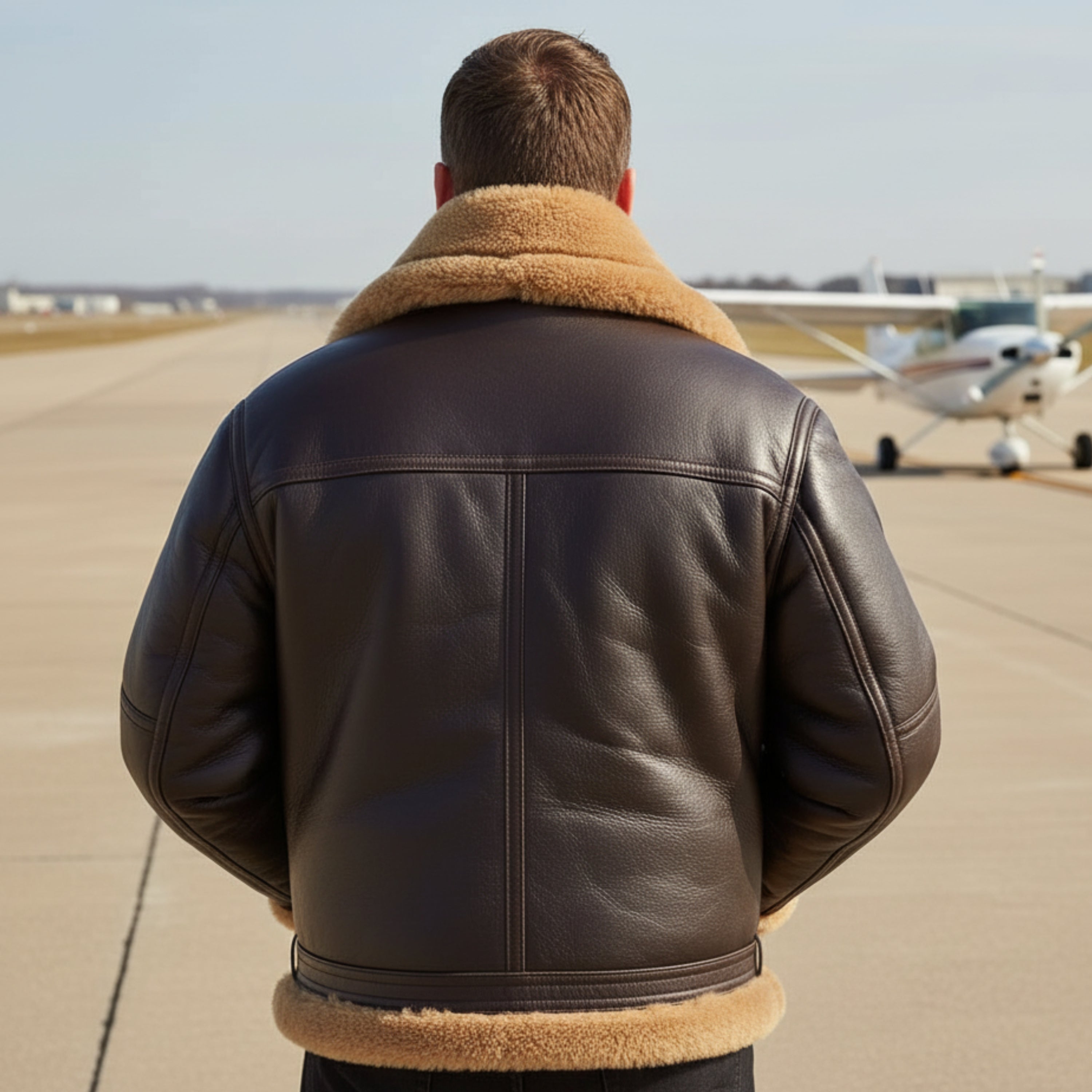 Man wearing a brown leather jacket with fur collar on an airport tarmac
