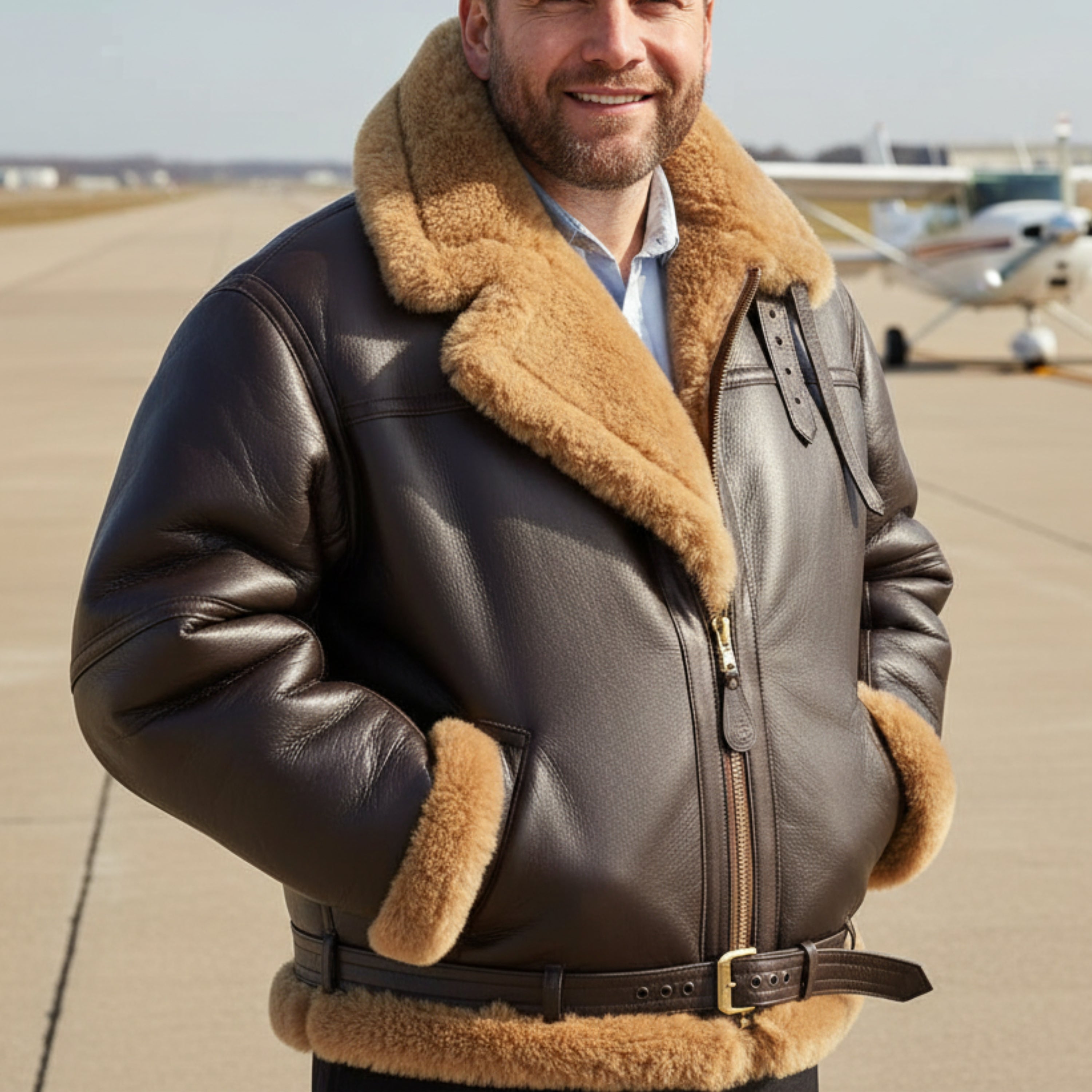 B3 Bomber Jacket, RAF Leather Jacket Man wearing a brown leather jacket with fur collar and cuffs on an airport tarmac.
