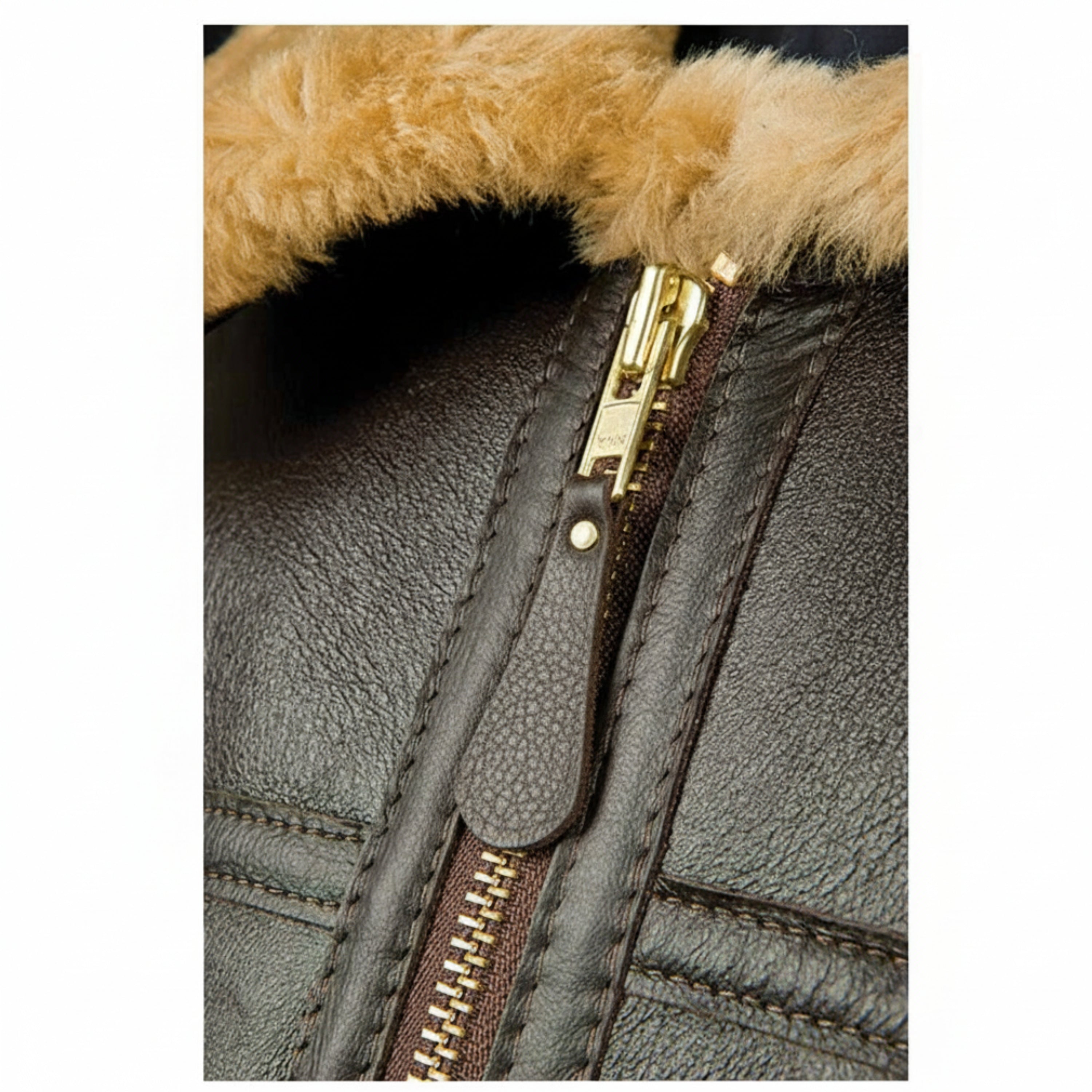 Close-up of a RAF 3 leather jacket with fur trim and gold zipper