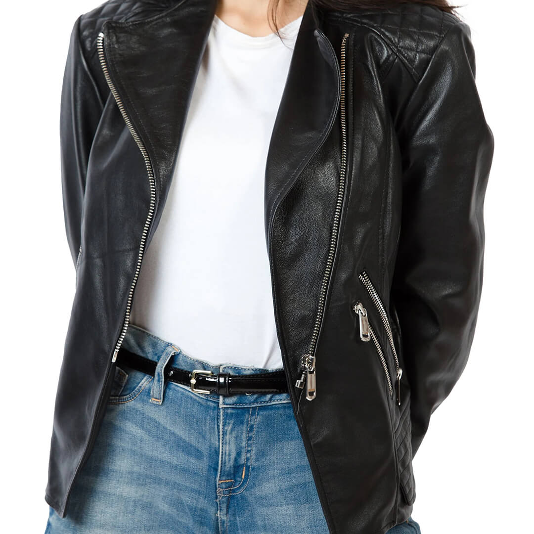 Camilla Black Quilted Racer Leather Moto Jacket with Stylish 3-Zipper Pocket Design for Women