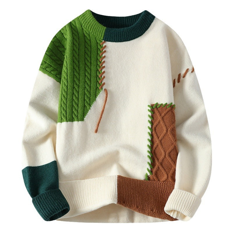 Pullover Sweater Winter Fashion Long Sleeve Knitted Top Men's Clothing Color Block