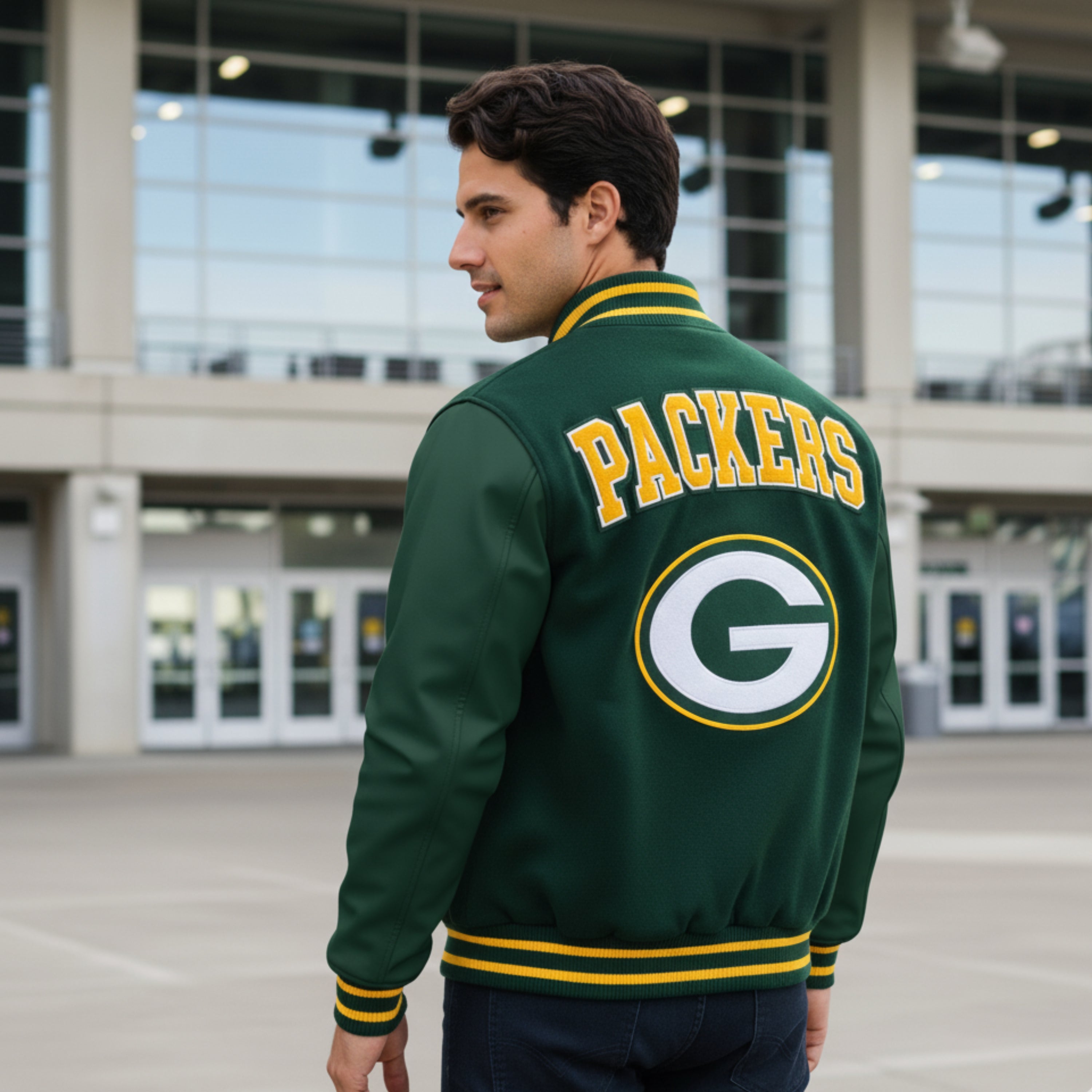 Man wearing a Green Bay Packers jacket outdoors