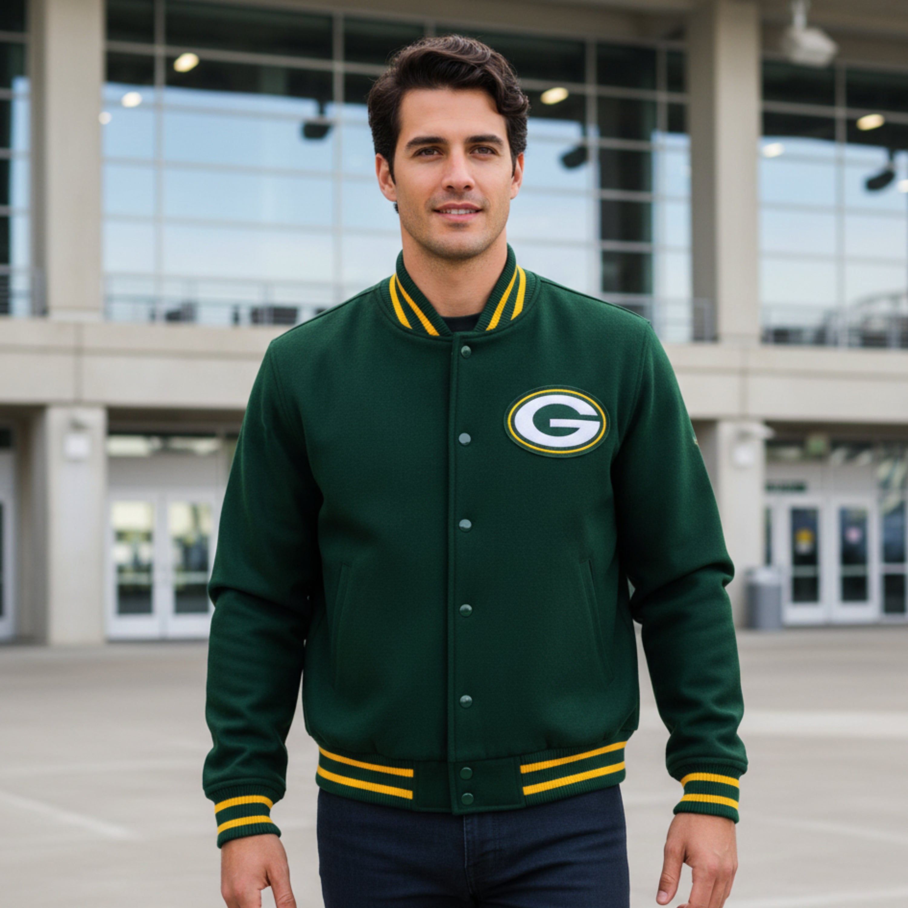Man wearing a green bay packers varsity jacket with a g logo, standing in front of a building.