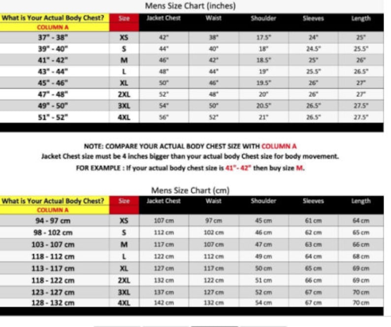 Mens size chart for jackets with measurements in inches and centimeters.