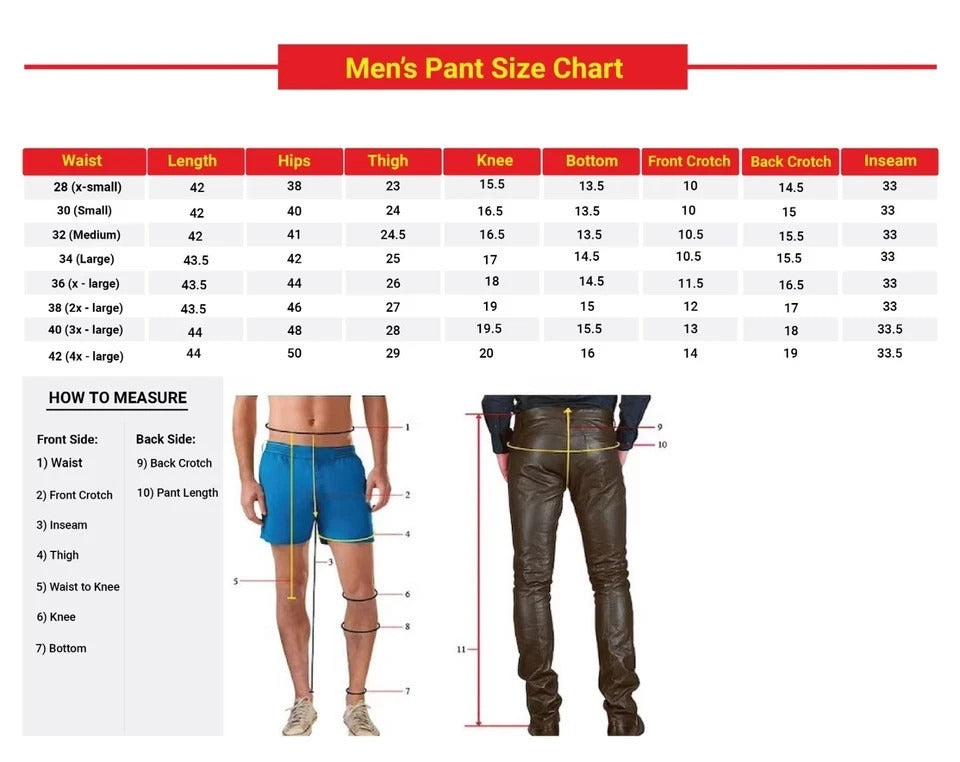 Men's pant size chart with measurements and examples of waist, hips, and inseam.
