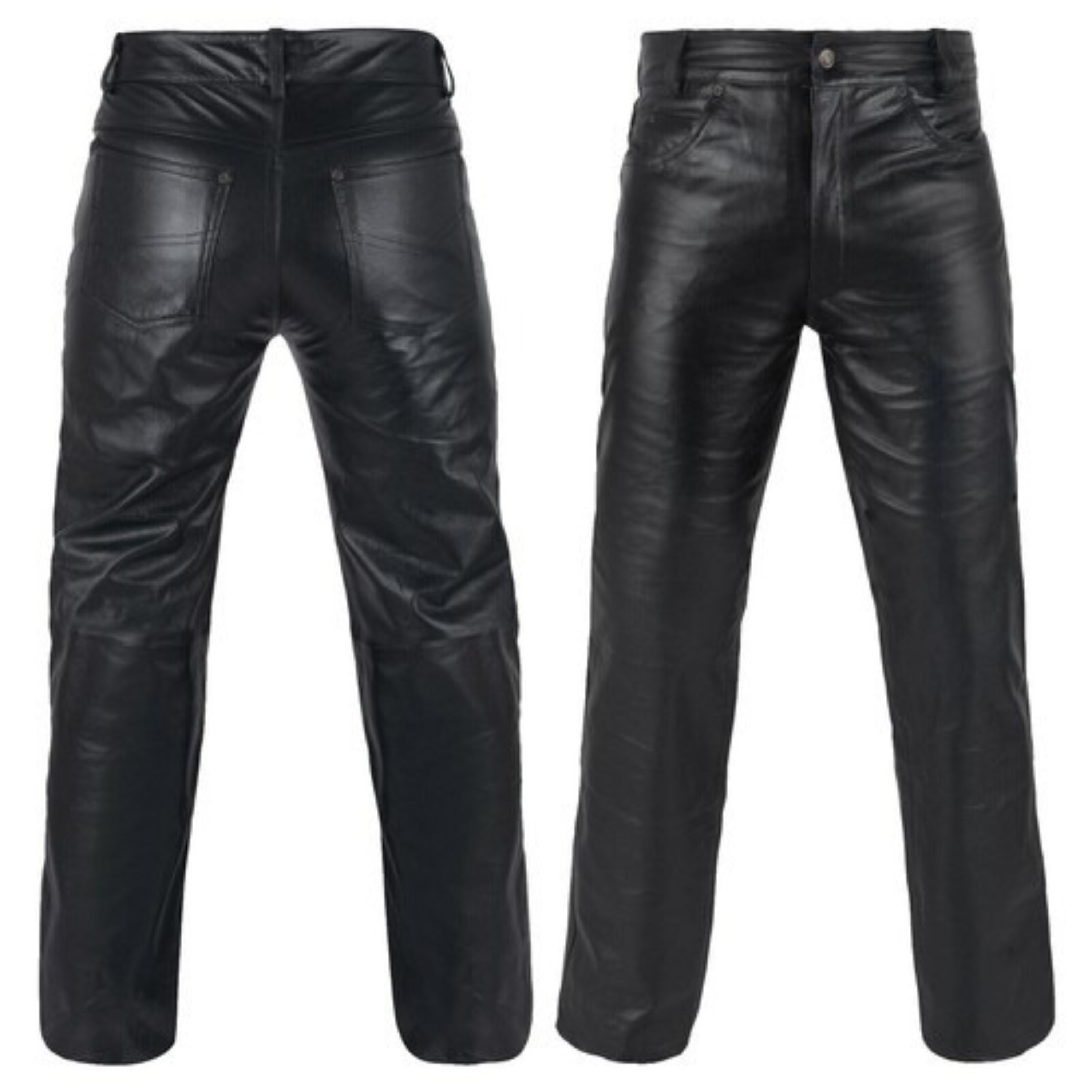 Two pairs of black leather pants on a white background