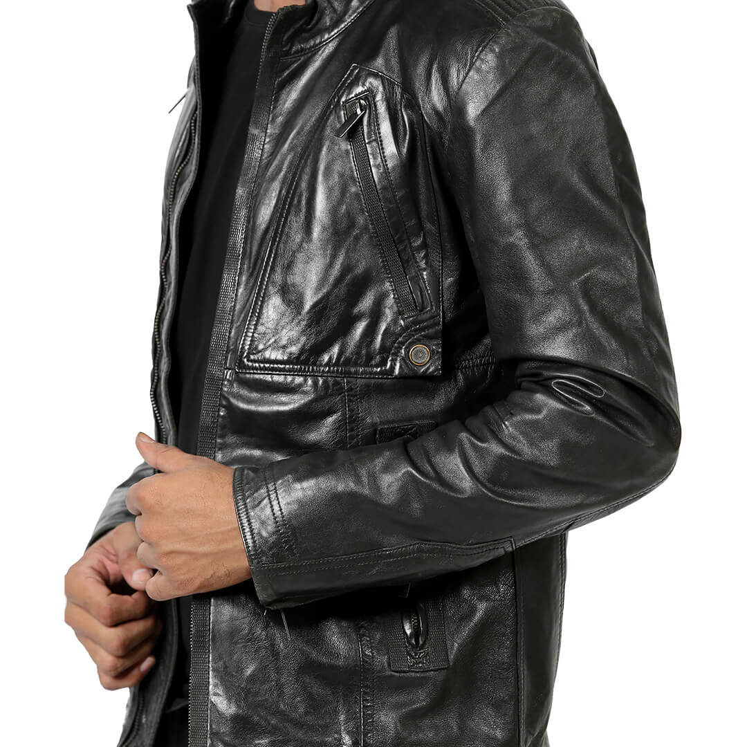 Men's premium black leather motorcycle jacket with a sleek biker style, showcasing quality craftsmanship and a classic design.