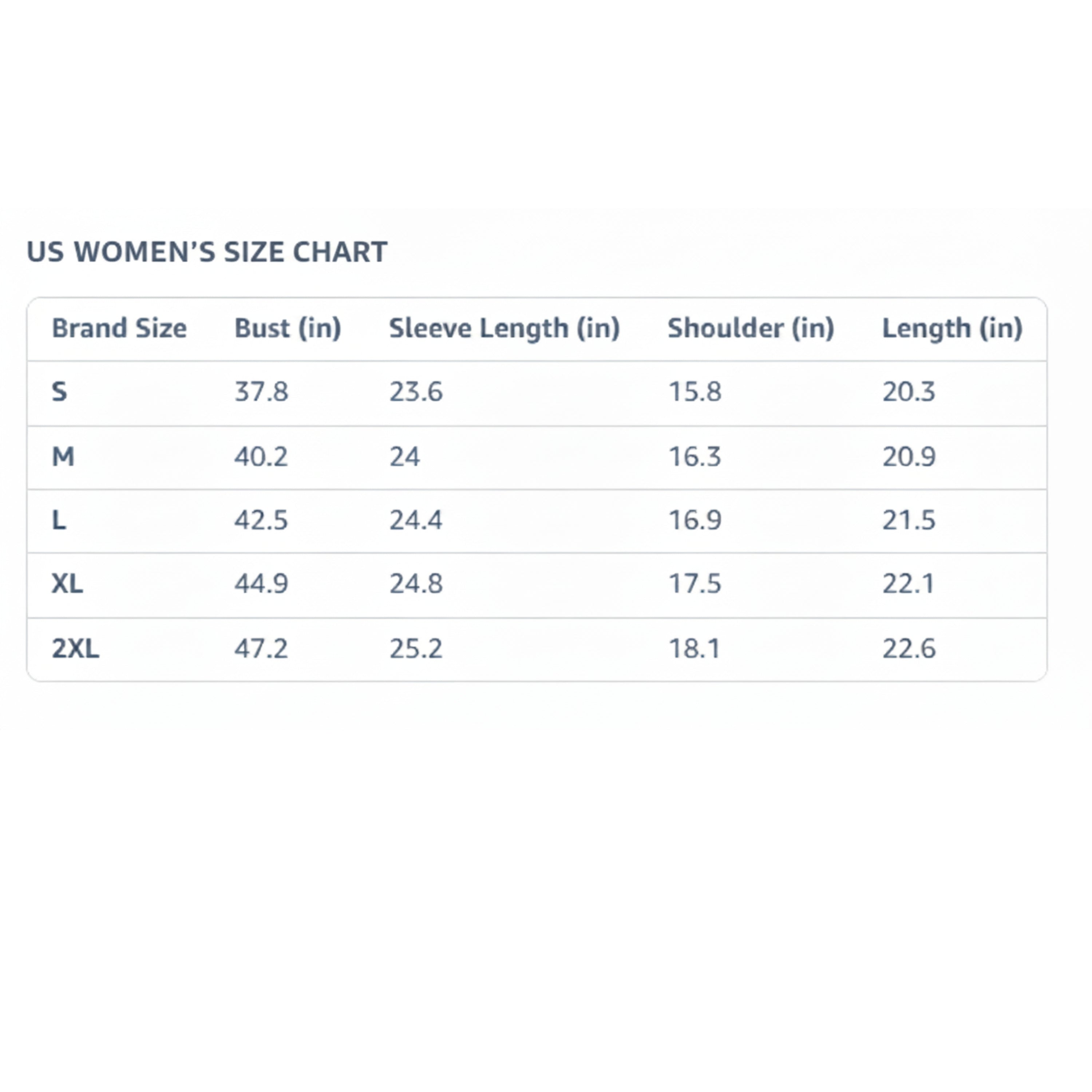 US Women's size chart for clothing measurements on a white background