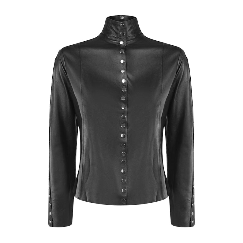 Black leather shirt for women with button details on a white background